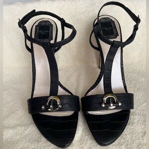 Christian Dior Black Croc Embossed T-Strap Heels | Chic Minimalist Luxe Sandals